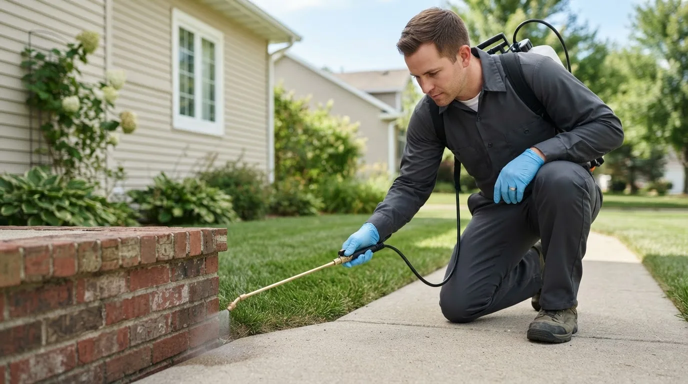 Pest control technician treating a home near Fond Du Lac, WI